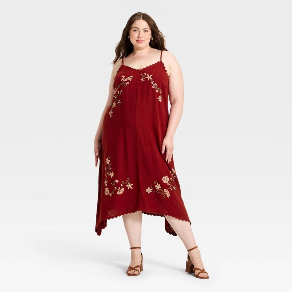 Women's Linen Embroidered Midi High Low Dress - Universal Thread Red 3X